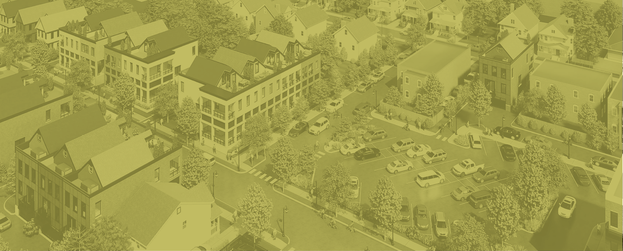 overhead rendering of proposed developments in Circle East District, an East Cleveland revitalization project, showing residential homes and apartment buildings