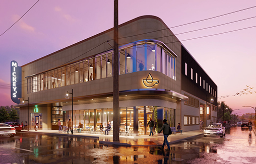 History of East Cleveland: The Circle East District is launched in 2022 | The redeveloped Mickey's building on Euclid Avenue, lighted at sunset